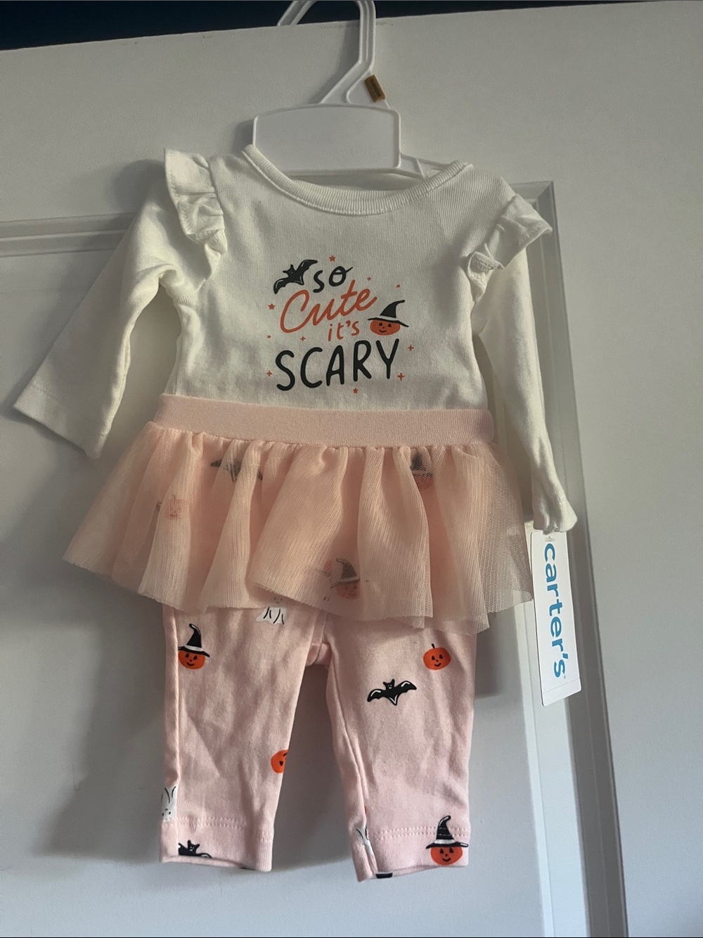 Newborn White & Pink Halloween Tulle Dress and Pumpkin Leggings Set